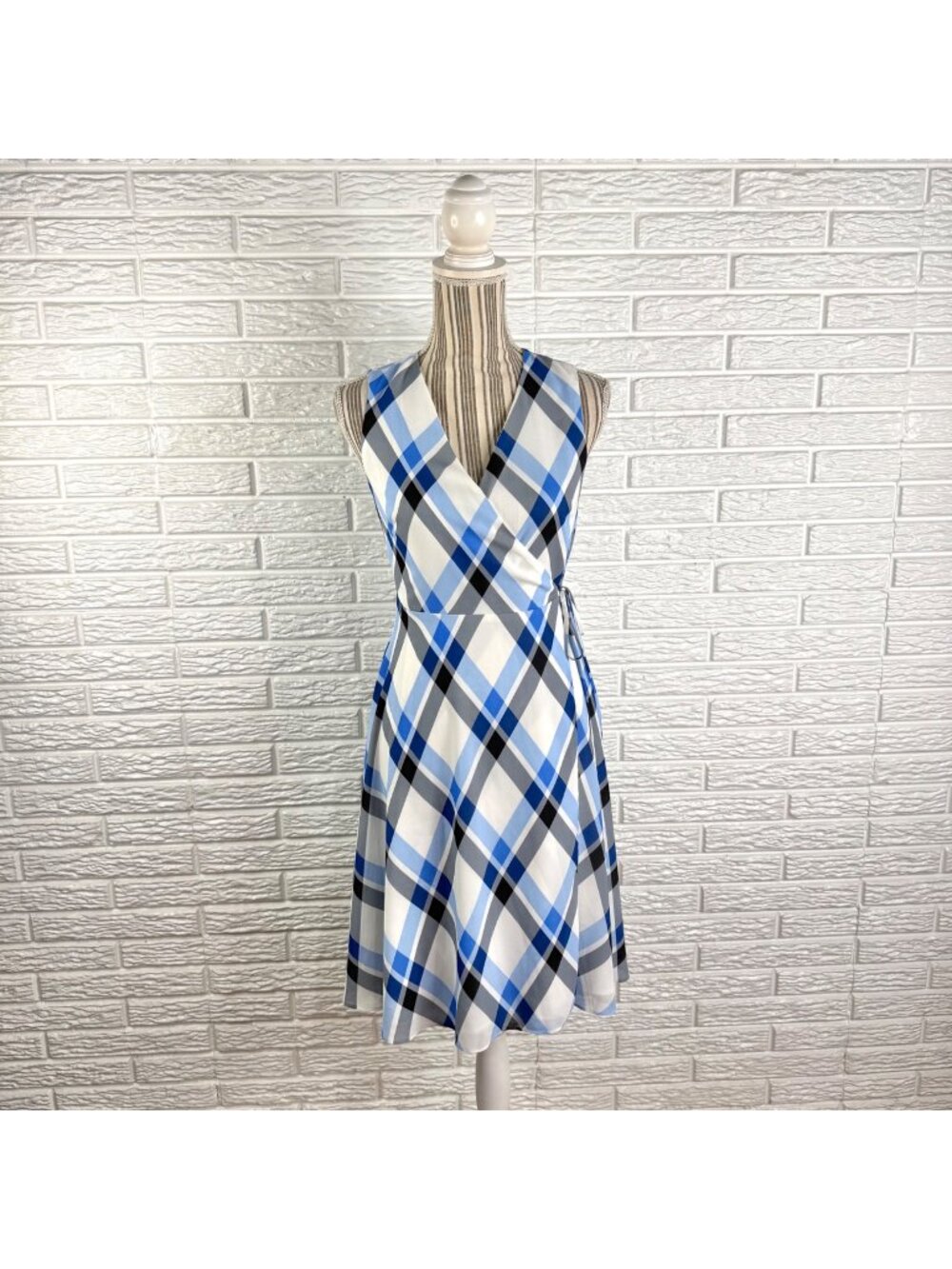 Ann Taylor Blue Plaid Sleeveless Wrap Midi Dress Petite Size 0P NWT